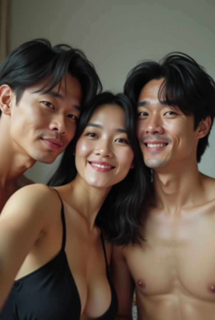 A realistic photo of three Japanese siblings. (2 men, 1 woman) A sexy black-haired young woman in a black bra is taking a selfie and is clearly visible with her husband and lover., The three of them were excited about the situation and enjoyed the teasing....