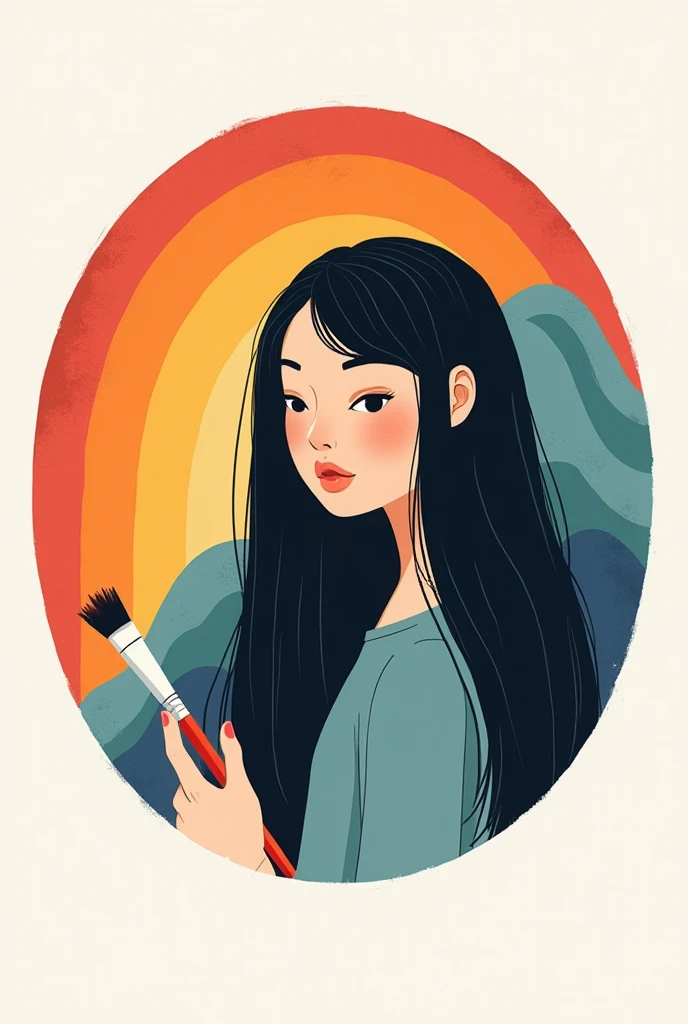   draws a circular logo and 2D . The color of the background is a flat rainbow and inside there is a girl with long minimalist black hair with a brush in her hand and above that says world of everything