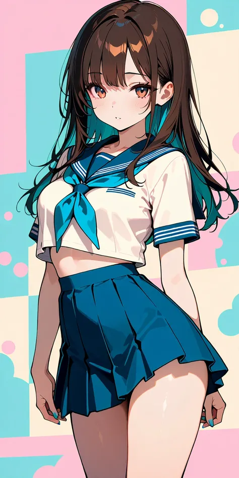 ((Only two-tone color,  dark brown and turquoise blue)), a naked girl in ( turquoise blue sailor uniform & turquoise blue skirt), hair, brown eyes, dark brown croths, sexy, cowboy shot, ultra-detailed face and eyes, alluring lips, masterpiece, high quality...