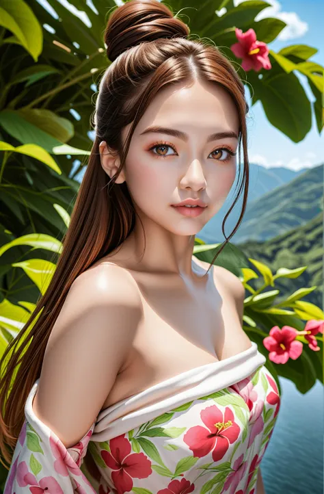 masterpiece, best quality, very aesthetic, ultra-detailed, high resolution,amazing quality, detailed eyes,1 woman, solo, female focus, malay girl, black long hair, hair bun enamored with hibiscus flower, brown eyes, medium breast, wearing batik pattern clo...