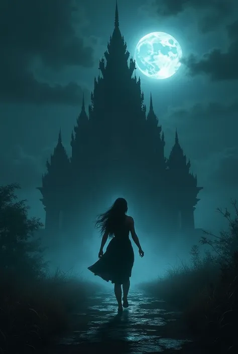 "Rachna, determined, walks toward the temple under the dark sky. The temple’s silhouette stands ominously in the distance, the moonlight casting long shadows. The air is heavy with anticipation."