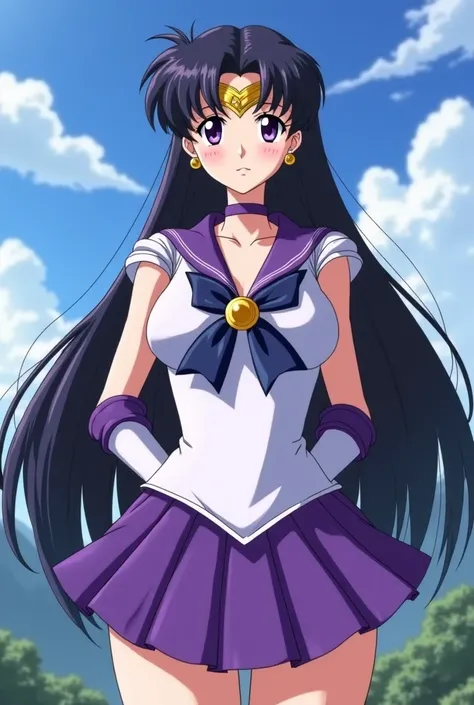 Sailor Saturn Hotaru Tomoe in a giantess version of seventy-five feet tall in the middle of the small town, her dominant color is purple, she wears a sailor uniform, neck strap, linings of her gloves and her skirt as the The sleeves of her leotard look lik...