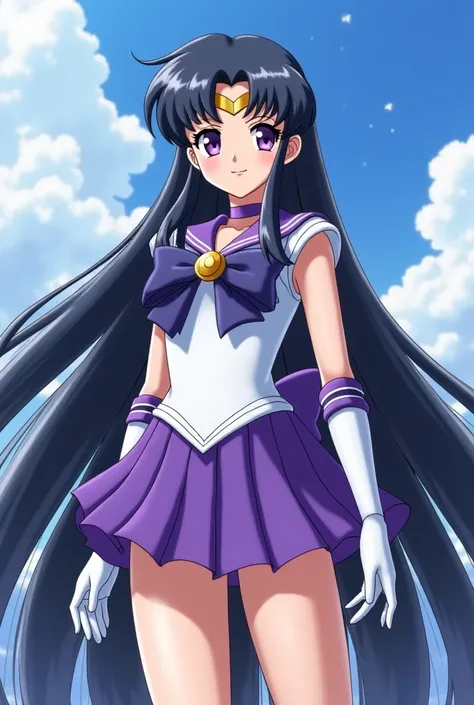 Sailor Saturn Hotaru Tomoe in a giantess version of seventy-five feet tall in the middle of the small town, her dominant color is purple, she wears a sailor uniform, neck strap, linings of her gloves and her skirt as the The sleeves of her leotard look lik...