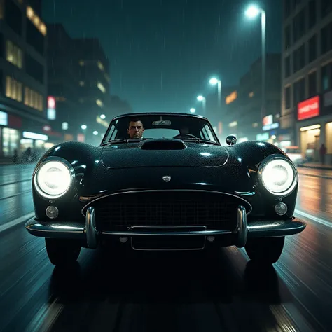 A black luxury car speeds through a rainy city at midnight, headlights cutting through the darkness as a man in a sharp suit grips the steering wheel, his expression unreadable.