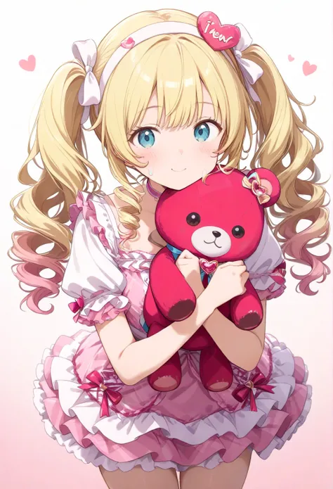 ： sweet fashion with lots of white and pink frills 、 twin tails or loose curly hair 、I wear a stuffed bear with a headband or ribbon accessory on my cheek
