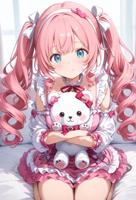 ： sweet fashion with lots of white and pink frills 、 twin tails or loose curly hair 、I wear a stuffed bear with a headband or ribbon accessory on my cheek
