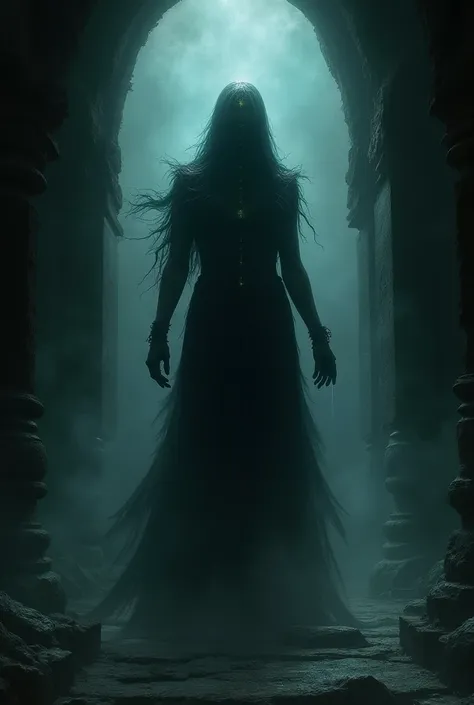 "A shadowy figure of Rachna fades into the dark temple, her spirit now trapped. The eerie atmosphere thickens as her soul is bound by the ancient curse of Chandmunda’s blood donation."