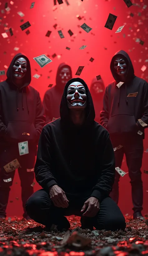 Sad Men wearing full face cover mask joker with hoodies, man on his knee, lots of money cash coming down in his background, red glowing neon effect Men face also can be seen