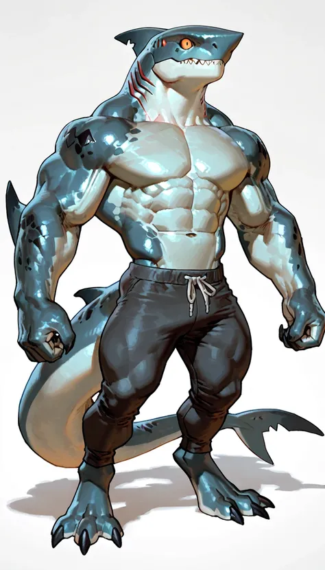 sharkman, anthro megalodon, darker hands and fins, black back, solo, big arms, bara, detailed skin, lizard shark hybrid, anthro, closed mouth, detailed shark skin, scalie arms, fins on arms, gray color body, beefy, thick scales on arms, digitigrade legs, 3...