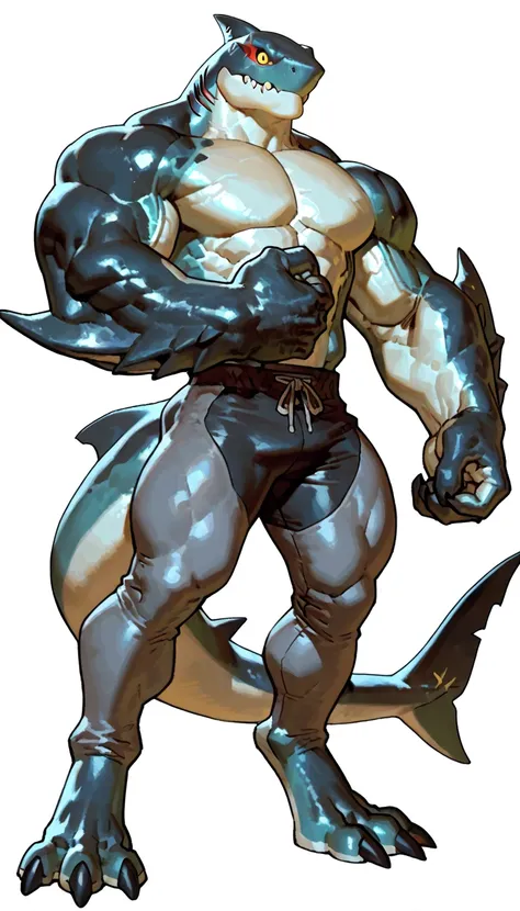 sharkman, anthro megalodon, darker hands and fins, black back, solo, big arms, bara, detailed skin, lizard shark hybrid, anthro, closed mouth, detailed shark skin, scalie arms, fins on arms, gray color body, beefy, thick scales on arms, digitigrade legs, 3...