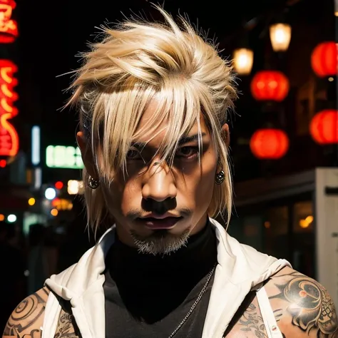 1 man, Japanese man, male, Asian eyes, muscular, broad shoulders, yakuza tattoos, hairstyle Visual Kei style, hair Visual Kei, black men's shirt and black pants, ultra detailed face and eyes, hyperrealistic, realistic representation, 40 years old, age 40 y...