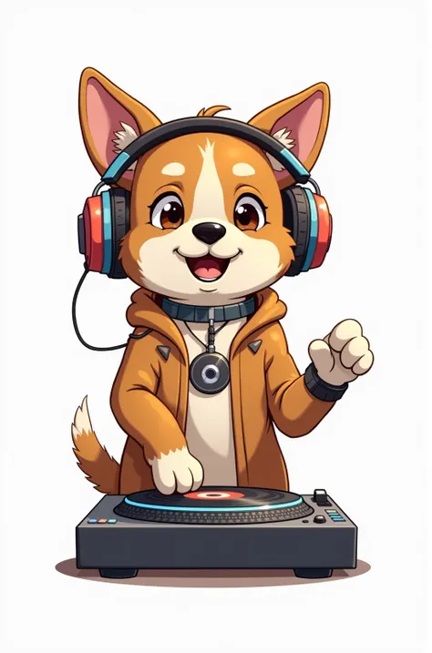 Dog like a DJ 、Put on a colorful headset、 white background, front view,Street style but cute, mascot character ,A little bit bad,Brown dog,Street rapper style,I'm holding a disc in my hand, anime style