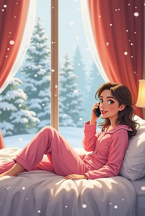 In an elegant bedroom, with heavy snow falling outside the window, a young and beautiful woman wearing a pink one-piece pajamas is lying on the bed with her feet up and talking on the phone. The woman has affectionate eyes and a sweet smile. The scene is w...