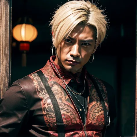 1 man, Japanese man, male, Asian eyes, muscular, broad shoulders, yakuza tattoos, hairstyle Visual Kei style, hair Visual Kei, black men's shirt and black pants, ultra detailed face and eyes, hyperrealistic, realistic representation, 40 years old, age 40 y...