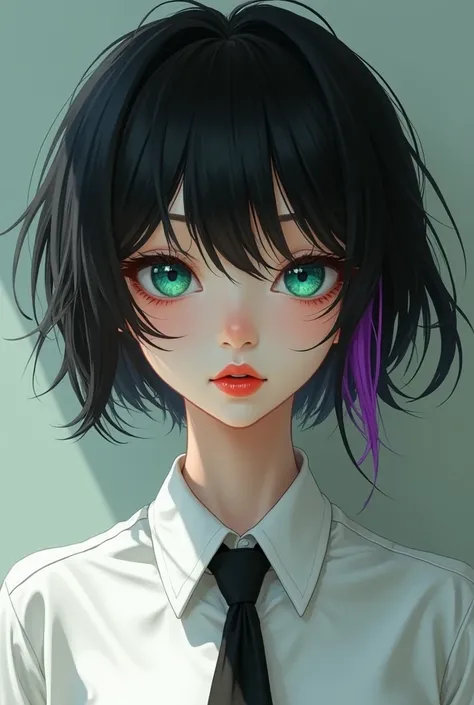  19 year old girl, white skin and emerald green eyes , thick lips with a natural red color and short disheveled black hair with a small purple tuft with a white shirt and black tie 
