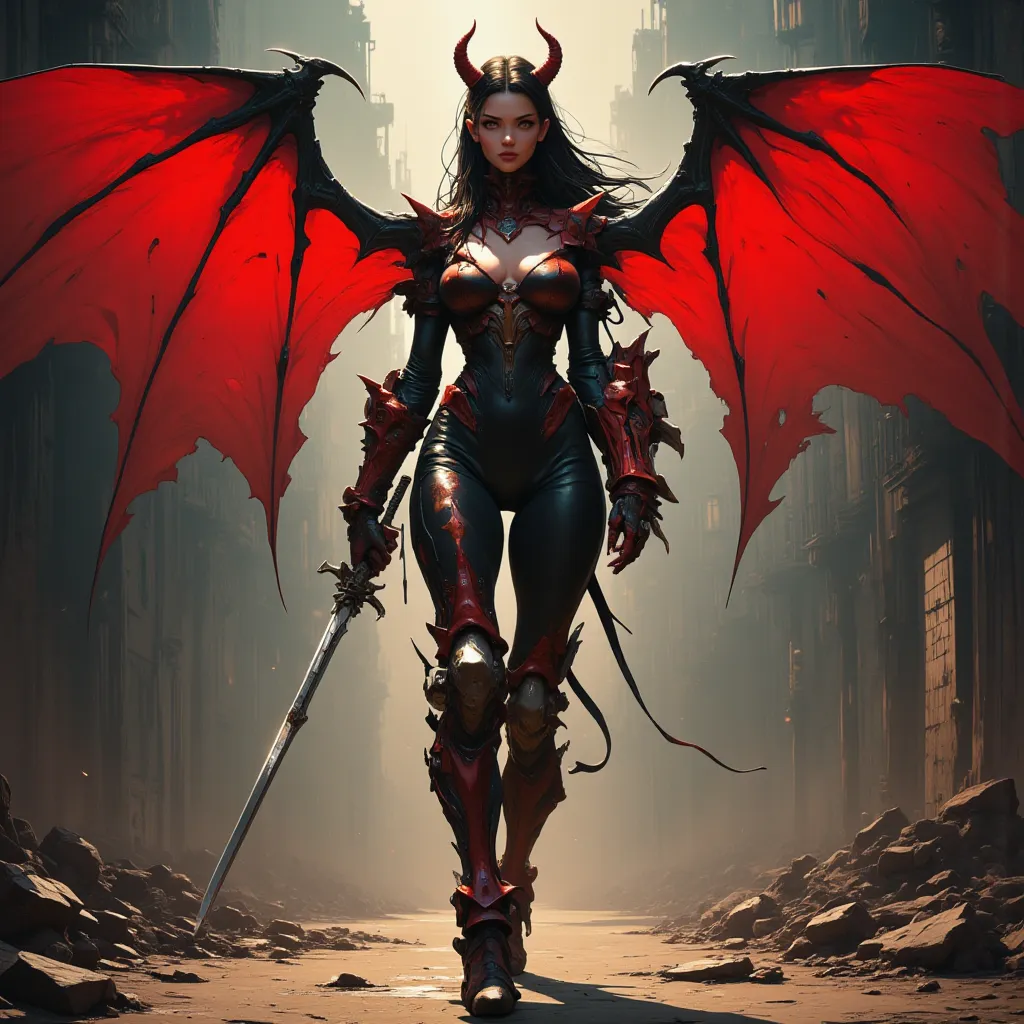 - "Russian" Adult Woman, Beautiful, tall, long legs, Red Devil Horns on her head (Curved down), Long Brownish Black Hair. 

Full body tattoos Surrealism style that are clearly visible. 

- Wearing a costume ("Full Sexy Armor"), a costume that embodies the ...