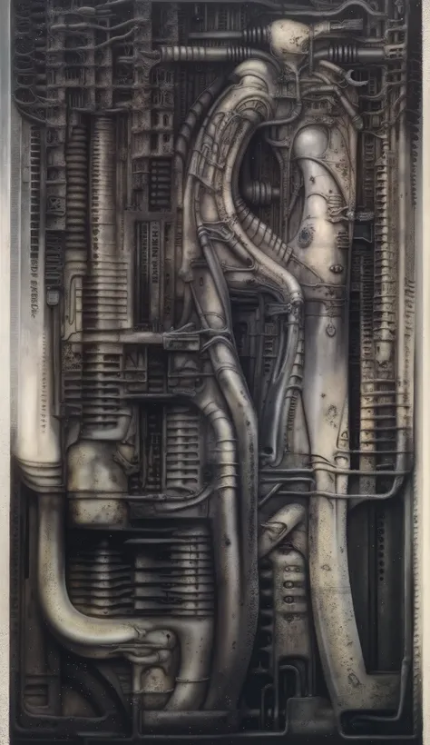 Please reproduce the original image as accurately as possible, capturing the intricate details of the biomechanical structures, the dramatic lighting, and the overall sense of unease. Find and enhance depiction of Giger's demons and creatures.(best quality...