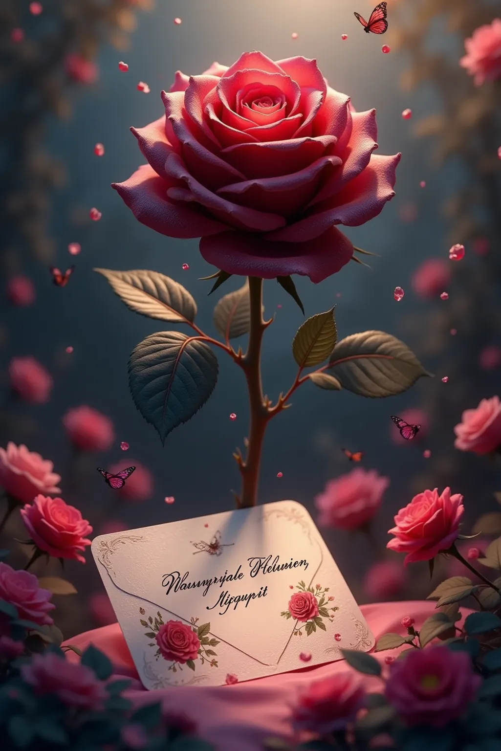  black baccarat , petal, thorns, envelope.  colorful background with low-key colors. miniature flowers  .   black rose writing .  HD Images 