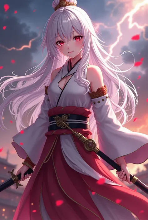 anime,  a beautiful long-haired girl dressed in traditional Chinese clothes ,  her hair is white , his eyes are red , holding a sword in an arrogant pose , full body, aesthetic,  fighting pose with the effect of lightning-flashes of battle on the battlefie...