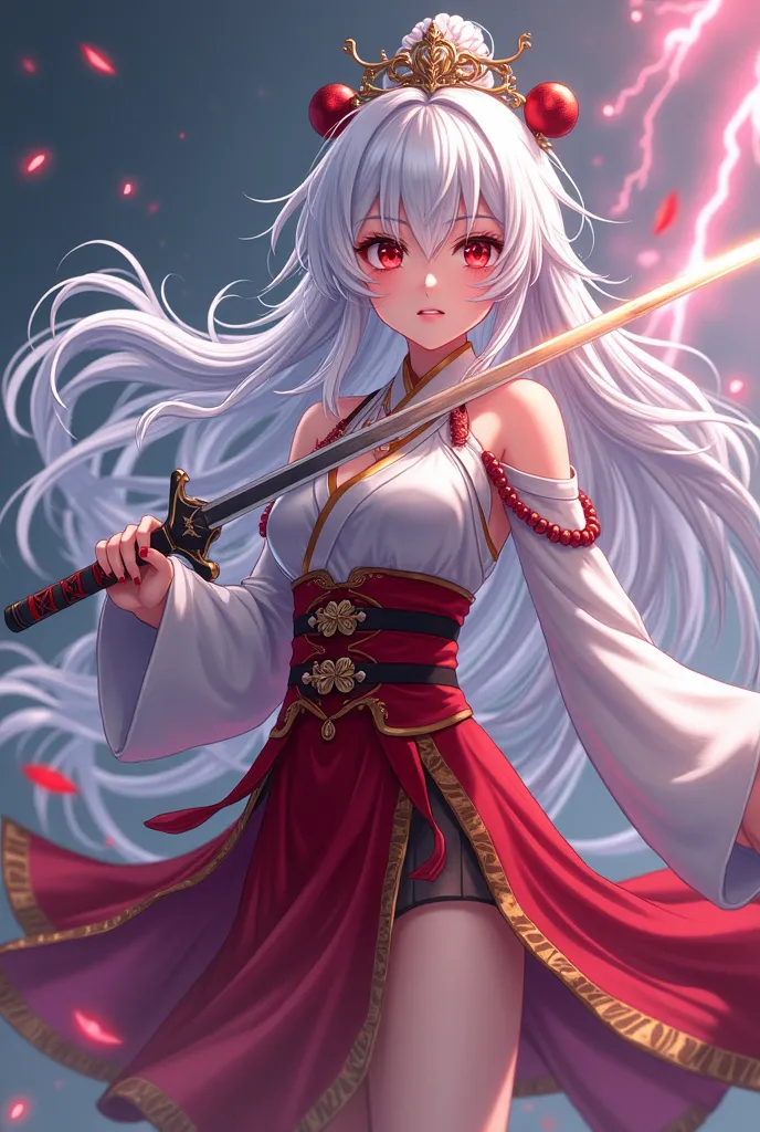 anime,  a beautiful long-haired girl dressed in traditional Chinese clothes ,  her hair is white , his eyes are red , holding a sword in an arrogant pose , full body, aesthetic,  fighting pose with the effect of lightning-flashes of battle on the battlefie...