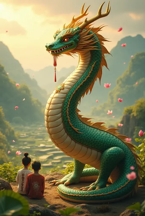 "A highly detailed and realistic 4K character design of Tỵ, the Vietnamese-inspired snake deity. Tỵ has a majestic, divine presence with shimmering emerald and gold scales, representing wisdom, protection, and transformation. Its body is long and elegant, ...