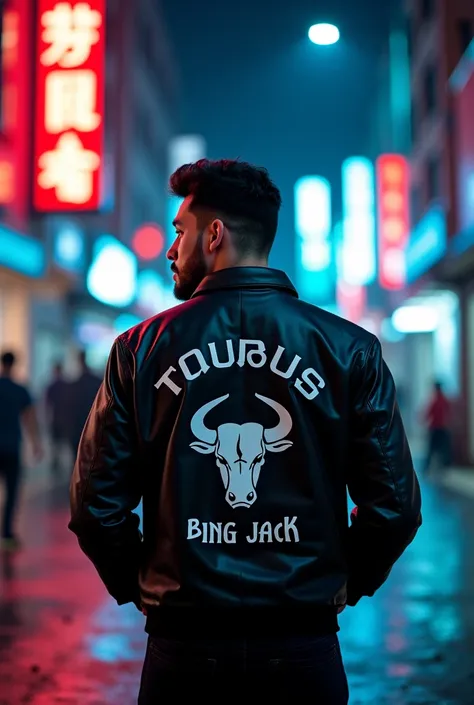 made a 4D photo of a man standing alone facing the front of his face looking to the side wearing a leather jacket with the words Taurus Bang jack and the symbol with a night city roadside background