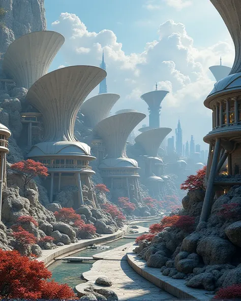  Futuristic capital with Japanese fan-shaped buildings ,  covered with curved roofs and surrounded by cosmic rock gardens.