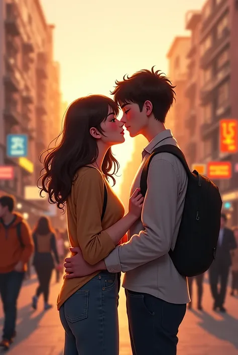 Create me a picture of a 18 years old girl and a boy who kiss each other on street 