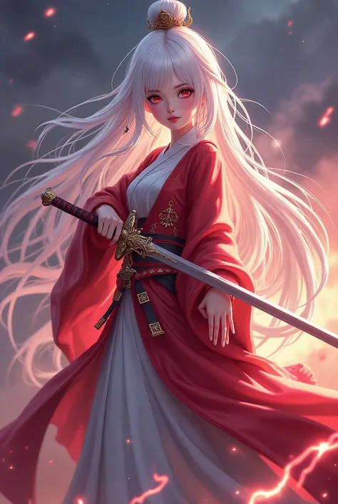 anime,  a beautiful long-haired girl dressed in traditional Chinese clothes ,  her hair is white , his eyes are red , holding a sword in an arrogant pose , full body, aesthetic,  fighting pose with the effect of lightning-flashes of battle on the battlefie...