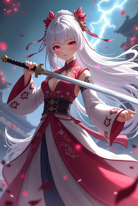 anime,  a beautiful long-haired girl dressed in traditional Chinese clothes ,  her hair is white , his eyes are red , holding a sword in an arrogant pose , full body, aesthetic,  fighting pose with the effect of lightning-flashes of battle on the battlefie...