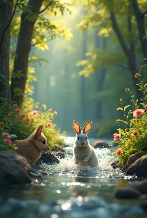 Here are 10 image prompts:

1. **Rabbit Playing in the Forest:**
   *"A peaceful scene of a delicate silver-colored rabbit hopping and playing in a lush, green forest filled with vibrant flowers and tall trees. The sunlight filters through the canopy, crea...