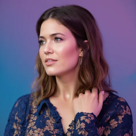 best quality, highres, 8k, masterpiece, photography, detailed midbody photorealistic portrait. Mandy Moore, with tousled brunette waves and a radiant glow, models a midnight blue floral lace lingerie set featuring intricate pastel floral embroidery. The be...