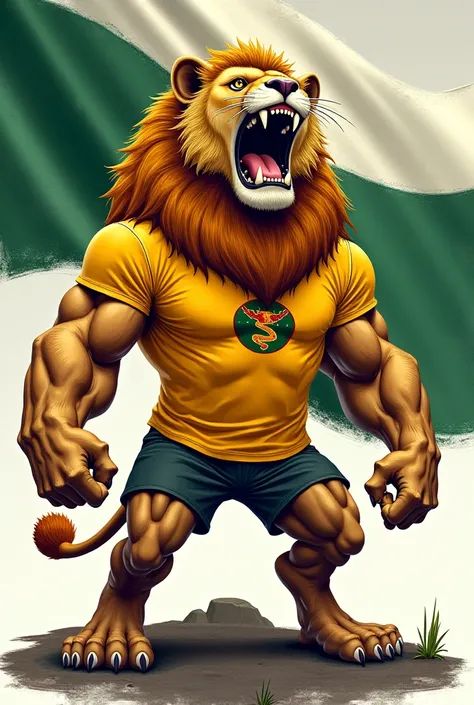  Humanoid lion in yellow t-shirt with Lubertarian rattlesnake logo, Roaring under the flag of Cruceña  (green, blanco y green en franjas horizontales)