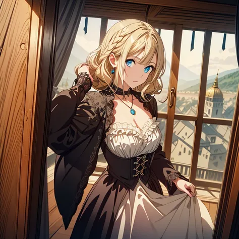 masterpiece。best quality。(a dark, gothic, and classical anime style CG:1.2)。super high definition。8k wallpaper。detailed。attention to beautiful details。Hues and overall tones are dark or cool。dynamic composition。dynamic angle。shallow depth of field。The layo...