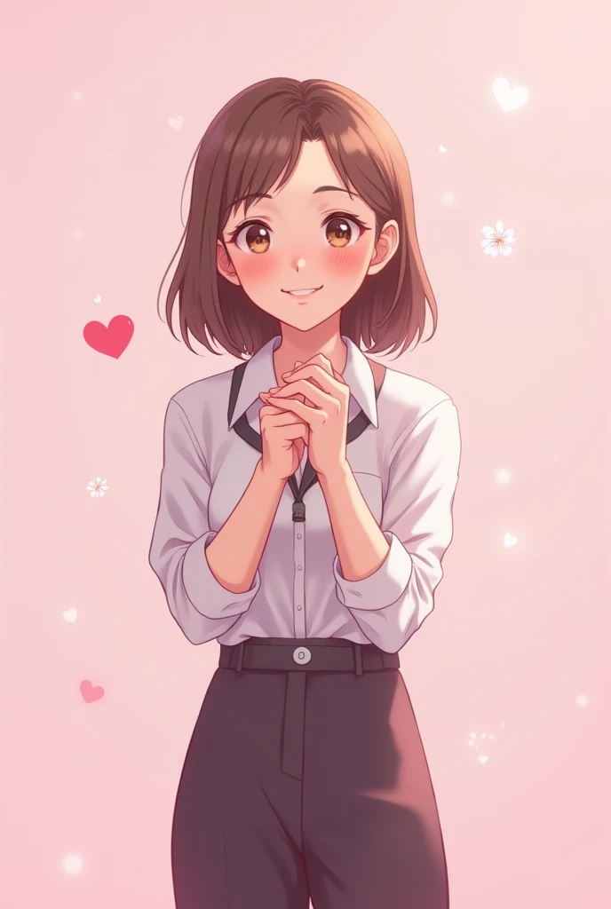 valentines.  Girl holding hands. Pink background. Office clothes . the anime.  Greeting inscription .