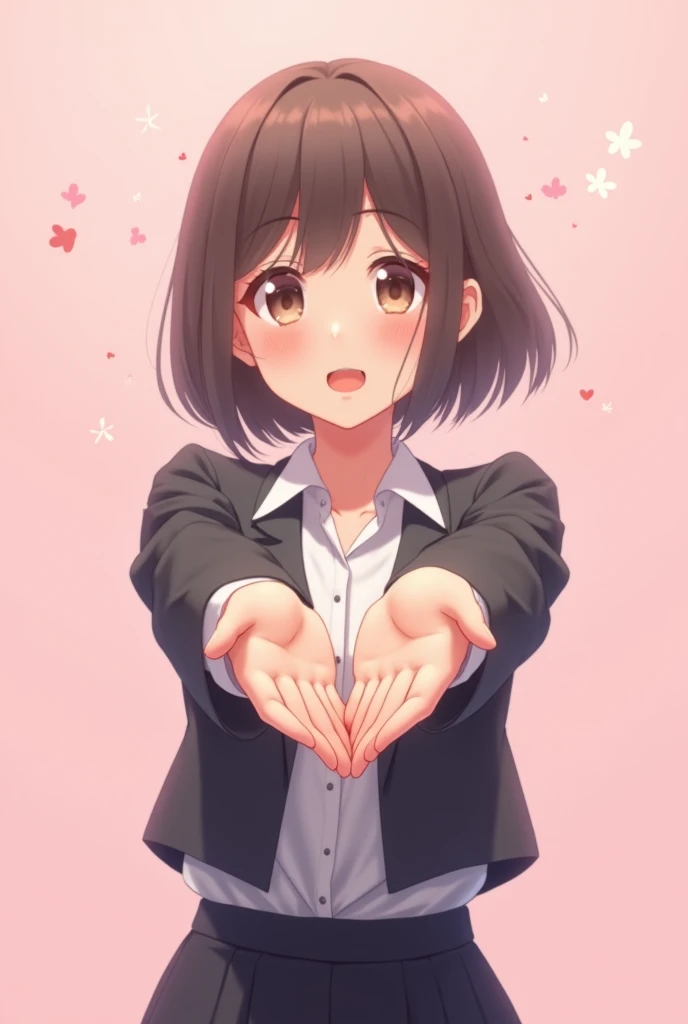 valentines.  Girl holding hands. Pink background. Office clothes . the anime.  Greeting inscription .