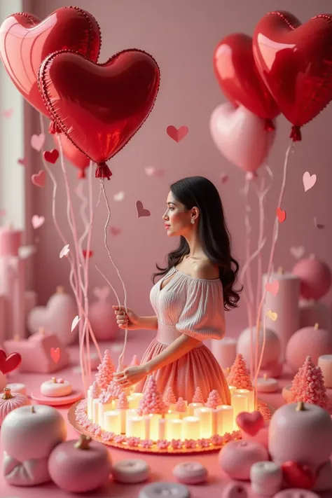  3D social media post screen,  a realistic Latino woman .  directly into the audience ,  emerged from the post  ,   3D heart shaped metal balloon and 3D heart , background,  The Valentine's Day theme  "