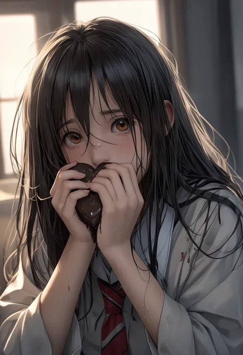 score_9, score_8_up, score_7_up. epic realistic 3D, RAW, analog, A full body portrait of (masterpiece), best quality, nerdy schoolgirl ((ten years old)) messy long black hair, (front bangs covering face) (face covered) (extra long bangs ?) (sadako front ha...