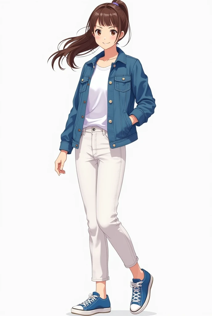 100% image quality, anime, 18 year old girl with brown hair with a ponytail, wearing a white shirt, a blue denim jacket, white pants, and blue and white denim shoes.