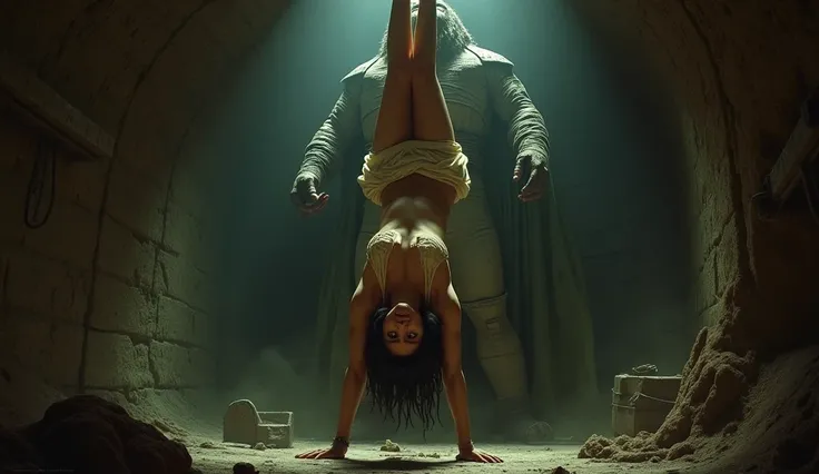 A real realistic girl with open and inflated big breasts in a torn dress hangs upside down on a rope. Against the background of the thick Jabba the Hutt, a huge basement, torture instruments.