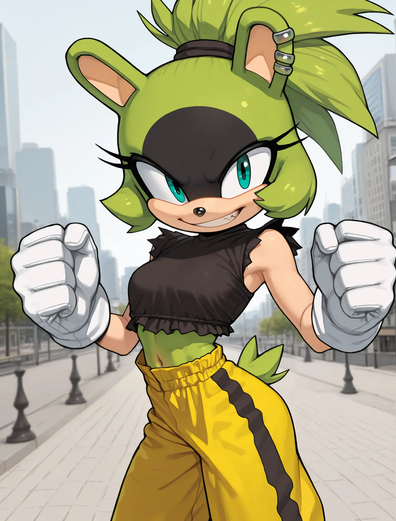 ((surge the tenrec)), ((masterpiece)), ((high resolution)), ((solo portrait)), {(athletic figure), (green fur), (black fur around eyes), (black nose), (sharp ears), (short tail), (cute turquoise eyes), (sharp eyelashes), (ponytail), (excited grin)}, {(blac...