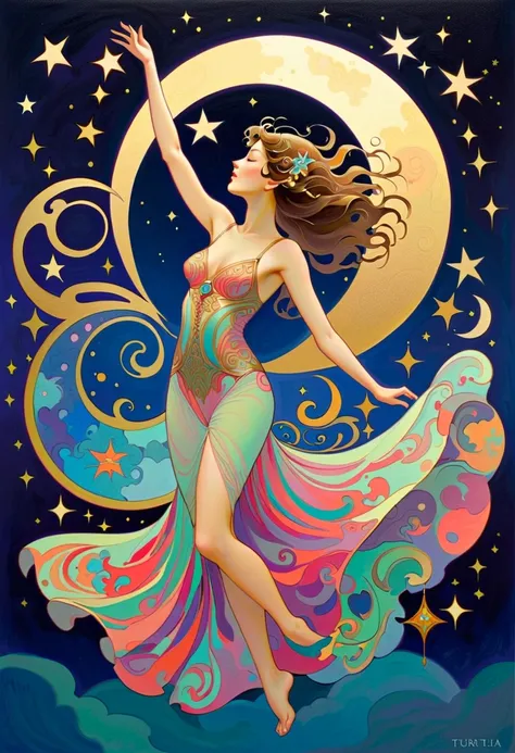  Masterpiece, Hallucinatory, Tsuruta Ichiro Style Beauty Painting , Hypnotic Patterns , Abstract, Euphoric,  Fluid Shapes , Art Nouveau Painting ,  jewelry, moon, star,  flat illustration .  negative space in the shape of a dancing woman's body, goddess, w...