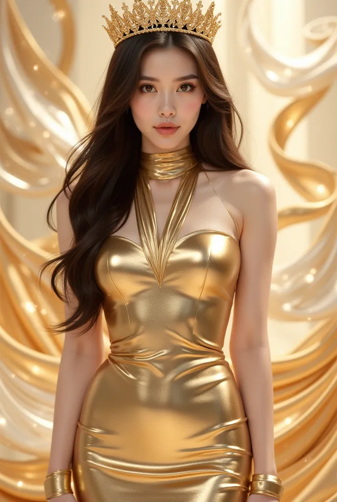 a woman in a stunning gold metallic gown that glimmers elegantly. The dress has a halter neckline and a fitted silhouette, accentuating her figure. She is wearing a golden crown-like headpiece with intricate details, complementing her overall regal appeara...