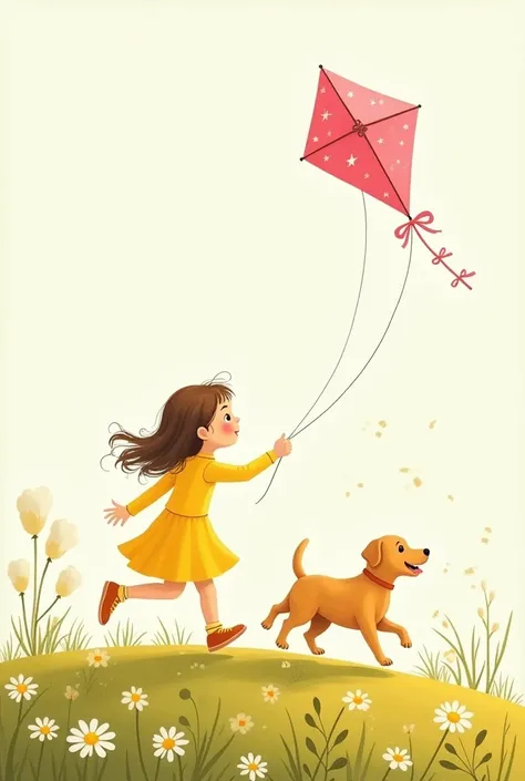 “Book style illustration :  Girl in a yellow dress running on a hill with a pink kite of stars. Golden Labrador jumping next to her ,  with visible pencil strokes and watercolor texture .  Background of cotton clouds and simplified daisies .  Warm colors a...