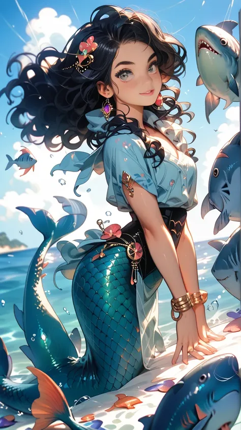 No fundo do mar cercada por Fishes and sharks, a beautiful mermaid, Young,  sexy and attractive,  big boobs,  adorned with precious jewels ,  her bright greenish syrup , shiny black hair ,  full body image,  ocean, Fishes and sharks 