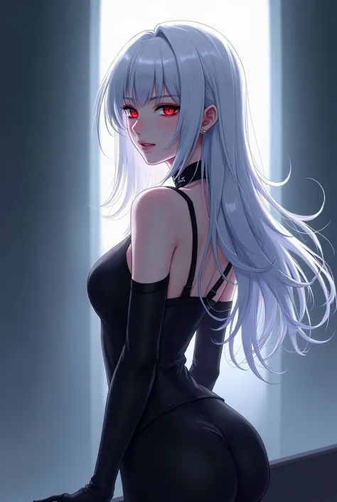 White hair and red eyes anime girl sexy full body from behind