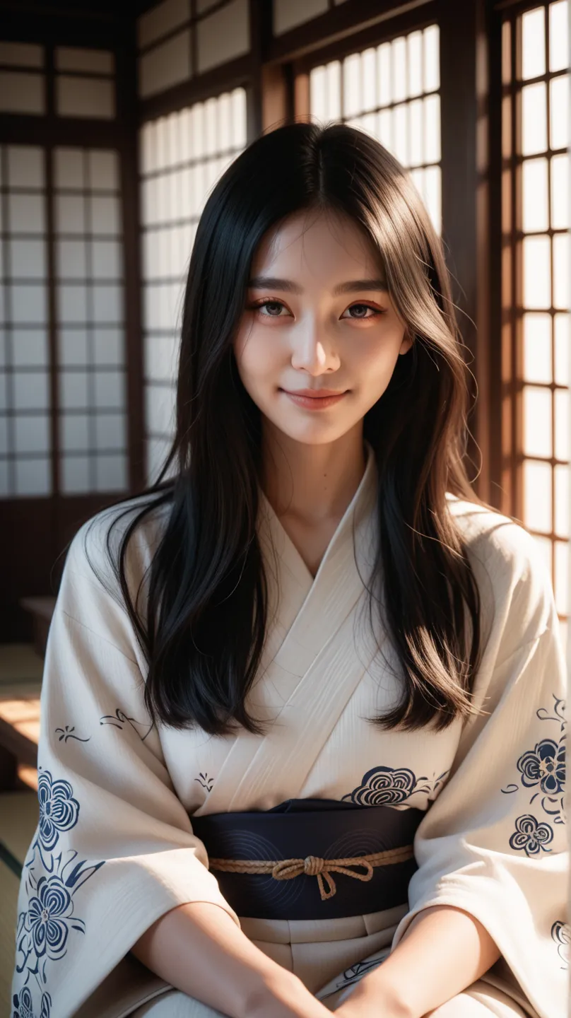 A Japanese girl with long, straight black hair and deep, expressive eyes, sitting peacefully in a traditional Japanese setting. She wears a simple white plain kimono with subtle patterns, her face fully visible, showing a gentle, innocent smile. Her aura i...