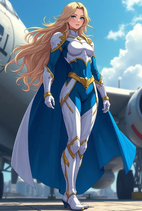 "4K anime style quality, digital drawing mode, a powerful and patriotic pro hero with long wavy blonde hair, piercing blue eyes, wearing a white, and blue armored suit with a flowing cape, standing on the deck of a military aircraft, full body, commanding ...