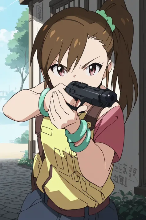 anime screencap,anime coloring, official style,
outside,
 Mami Futami, 1girl, futami mami, side ponytail, long hair, brown hair, solo, bracelet, center axis relock stance, looking at viewer, holding, closed mouth, weapon, holding weapon, gun, holding gun, ...