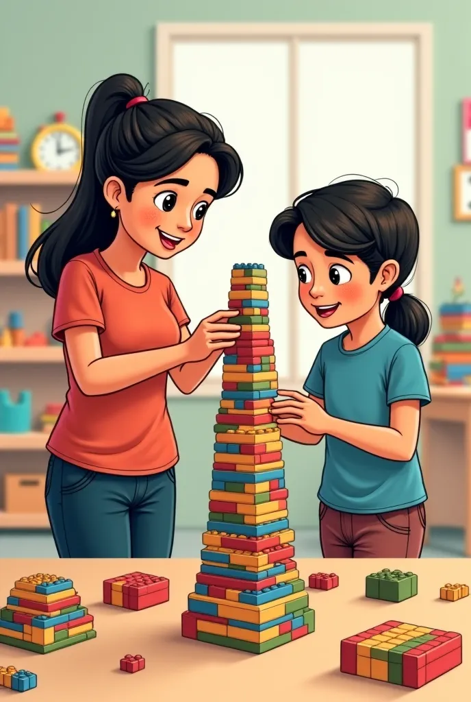 (Panel 4)
Setting: Ms. Reyes and Maria examine the tower's base.( building blocks played in school)
Ms. Reyes: I see, the foundation isn't wide enough. Let's add more blocks here ( grapghic narrative